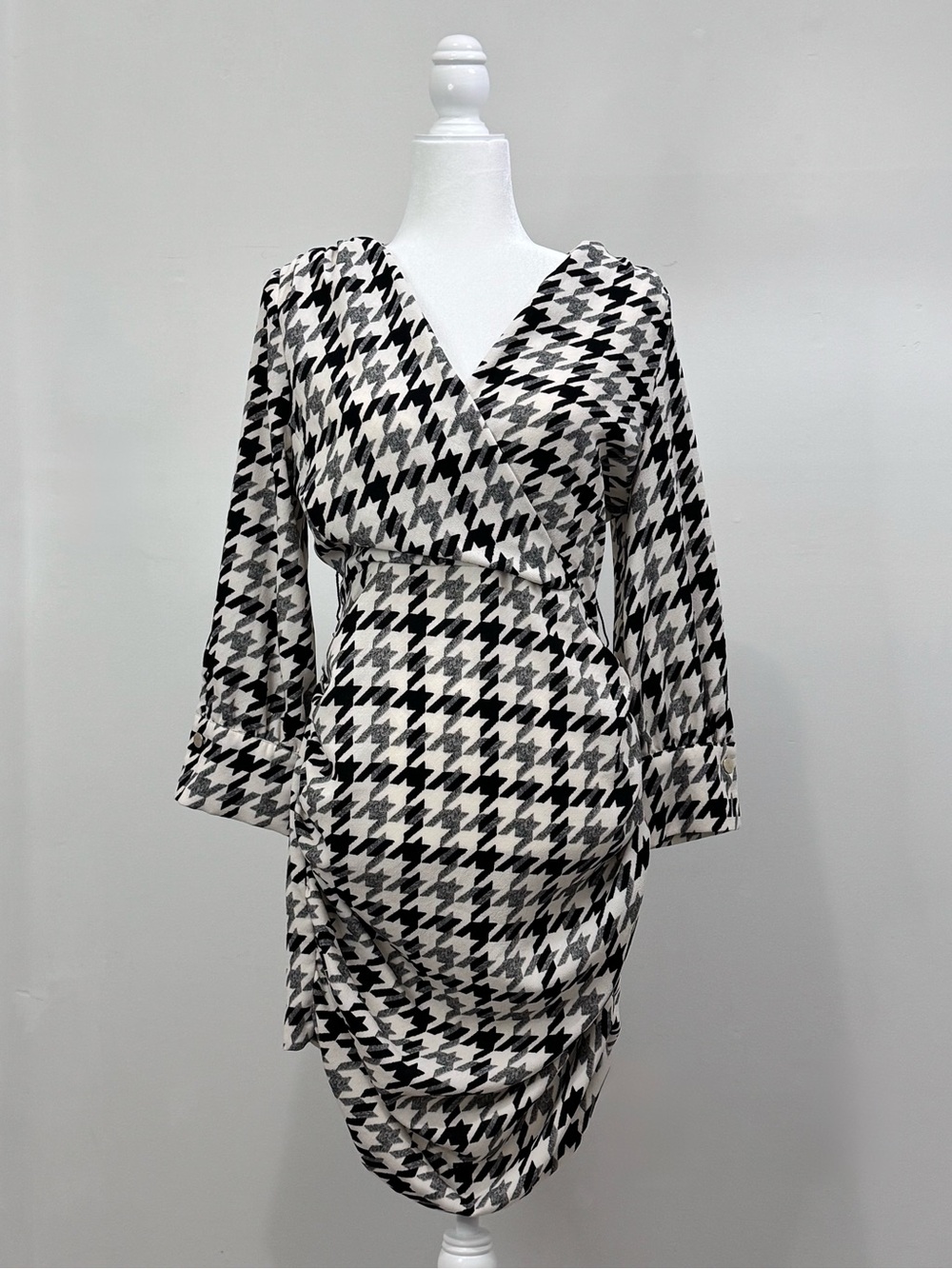 Zara Black and White Houndstooth Wrap Long-Sleeve Dress